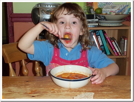 Rosemary, enjoying her vegetable stew