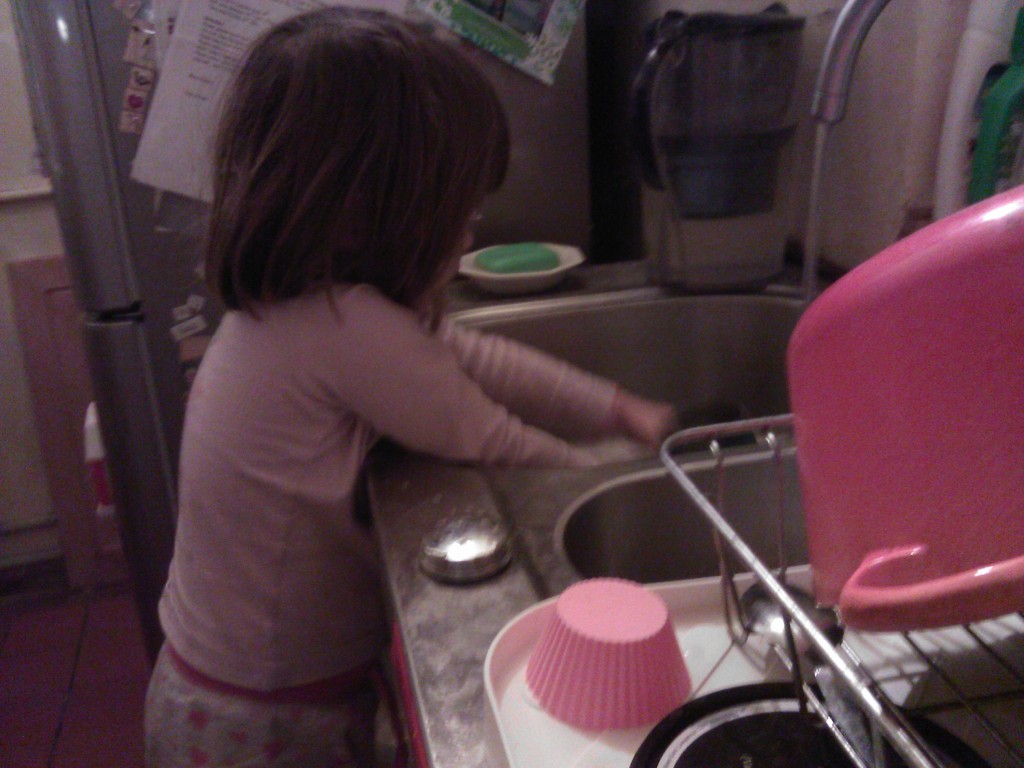 LaLa washing out the dog bowl after I gave in and fed him