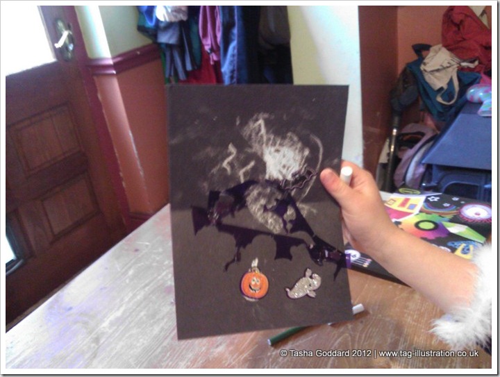 Making Halloween cards with stickers sent by Warner Bros.