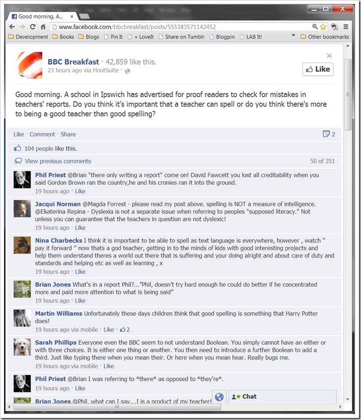 "Do you think it’s important that a teacher can spell or do you think there's more to being a good teacher than good spelling?" question on BBC Breafast's Facebook page